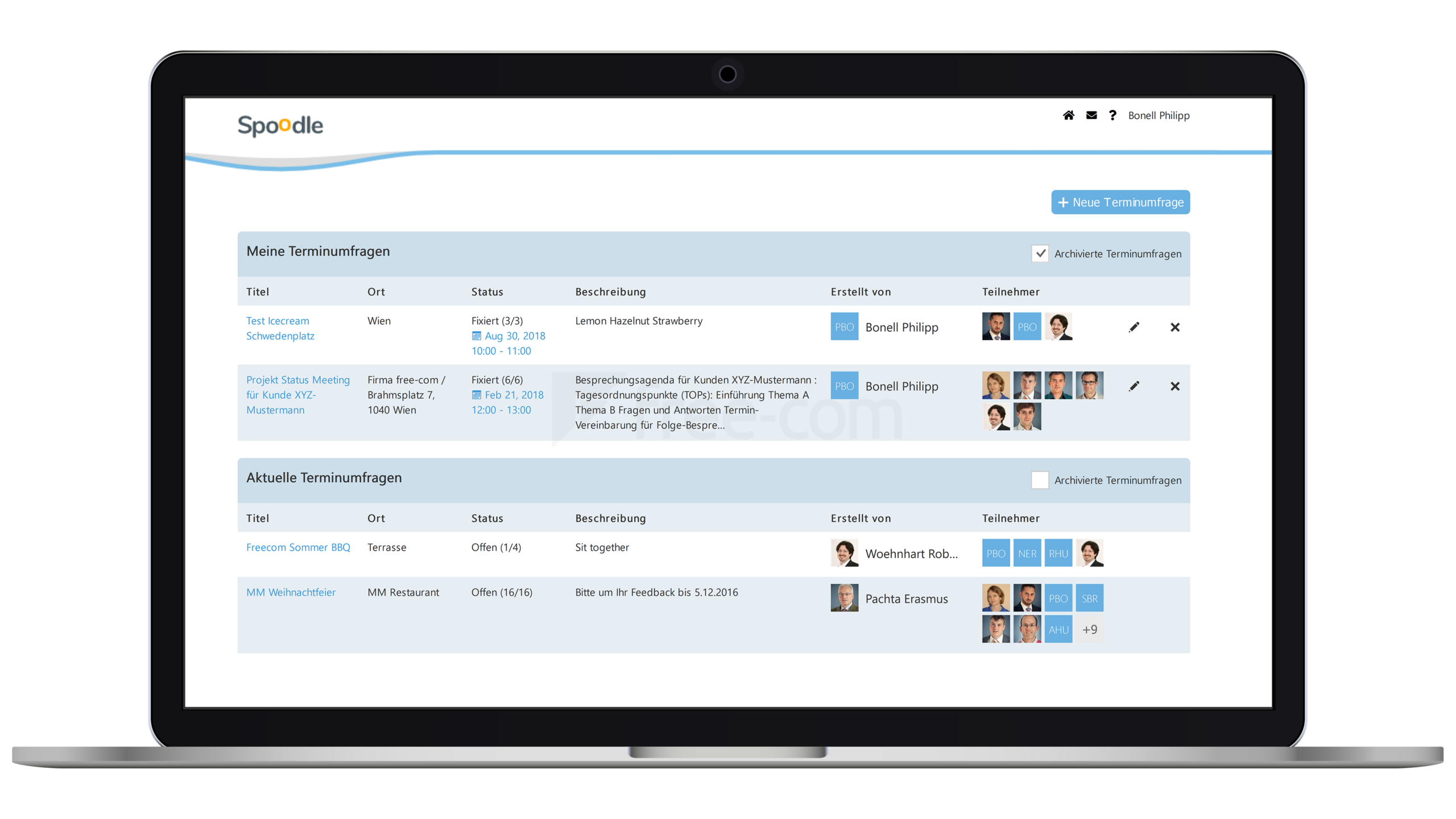 interne Terminabstimmung Spoodle in Desktop Ansicht