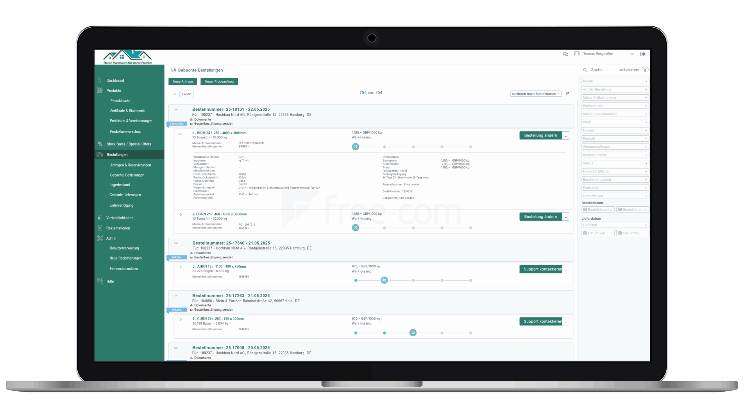 Screenshot smartes B2B Portal free-com: gebuchte Bestellungen in der Übersicht