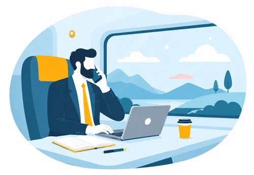 Illustration Mann sitzt im Zug am Laptop und telefoniert in seiner aktiven Reisezeit